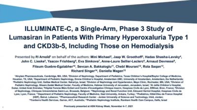ILLUMINATE-C, a Single-arm, Phase 3 Study of Lumasiran in Patients with Primary Hyperoxaluria Type 1 and CKD3b-5, Including Those on Hemodialysis icon