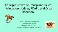 Transplant ~ The Triple Crown of Transplant Issues: Allocation, FQAPI, and Organ Donation